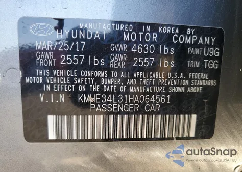 2017 Hyundai Sonata Hybrid z USA, uszkodzony, nr VIN KMHE34L31HA064561